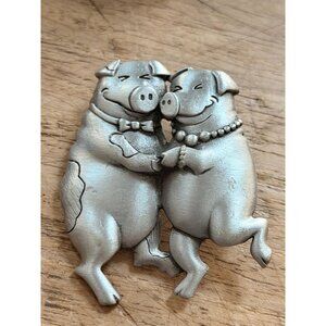 JJ Dancing Pigs Pewter Pin Brooch With Box  2 Inches
